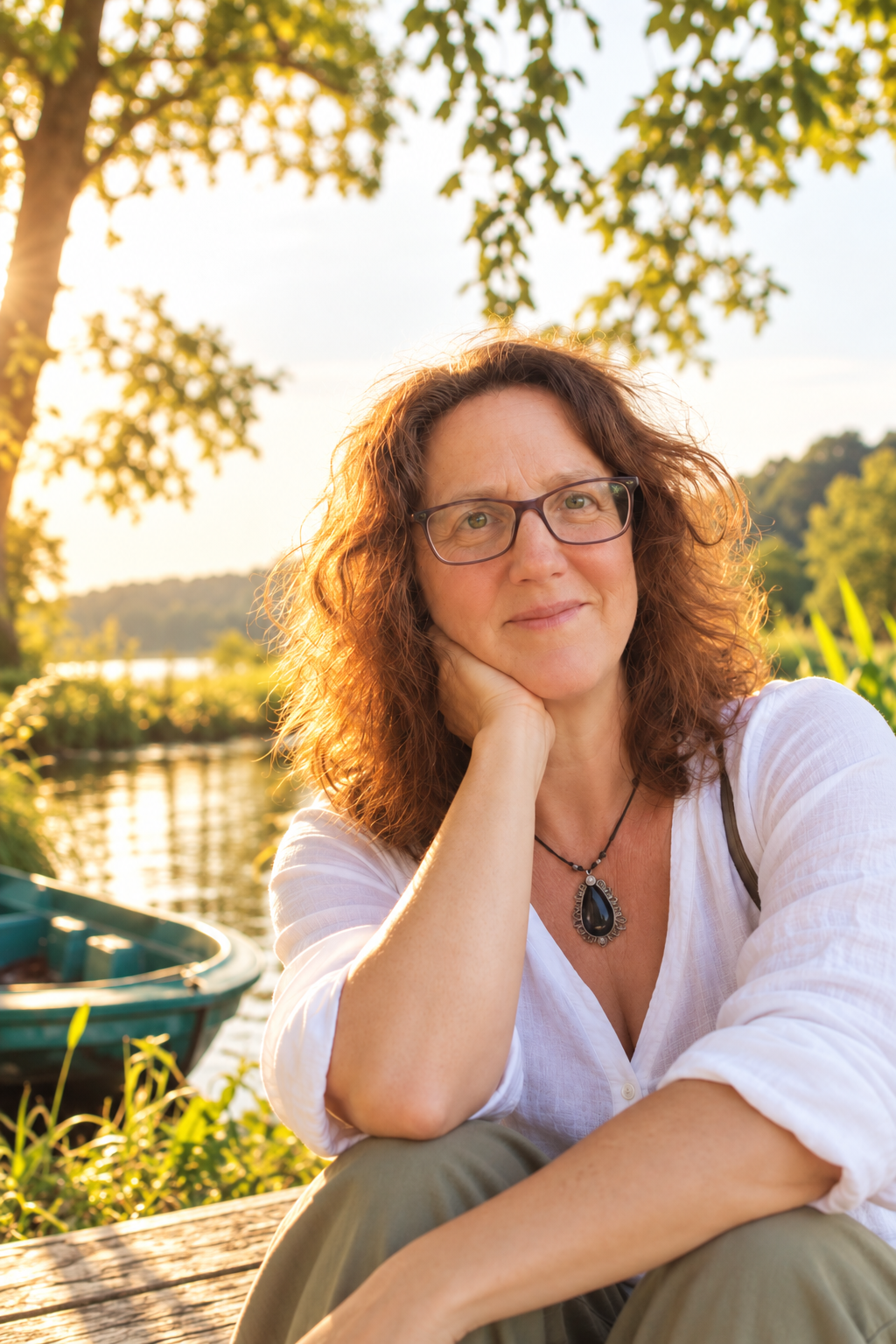 Maite Zudaire en la naturaleza, junto al agua y rodeada de vegetación